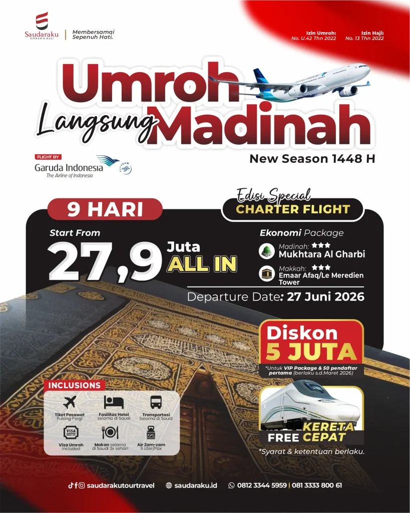 Paket umroh 9 hari spesial charter flight garuda